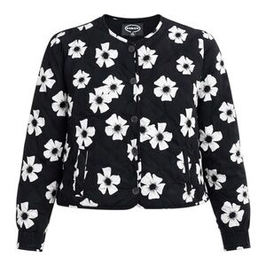 New Women's Black Floral Print Scoop Quilted Jacket, Lightweight, XL (16-18)